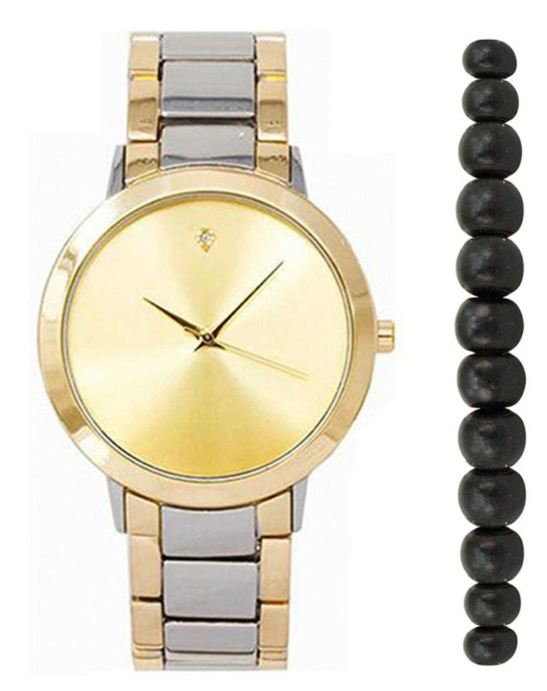 2384G Classic Metal Band Watch with Beaded Bracelet