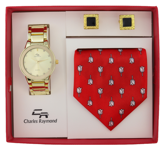 9356 Metal Band Watch, Tie and Cufflinks(Gold - Red)