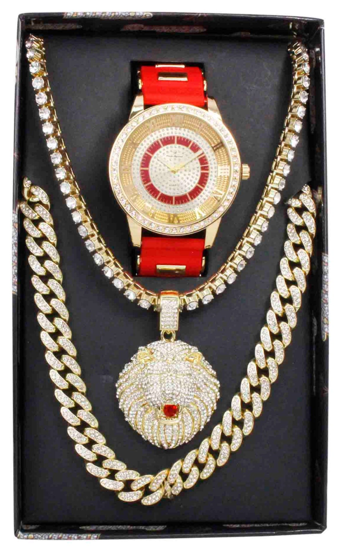GJM393 Iced Out Watch, Pendant and 2 Necklace Set