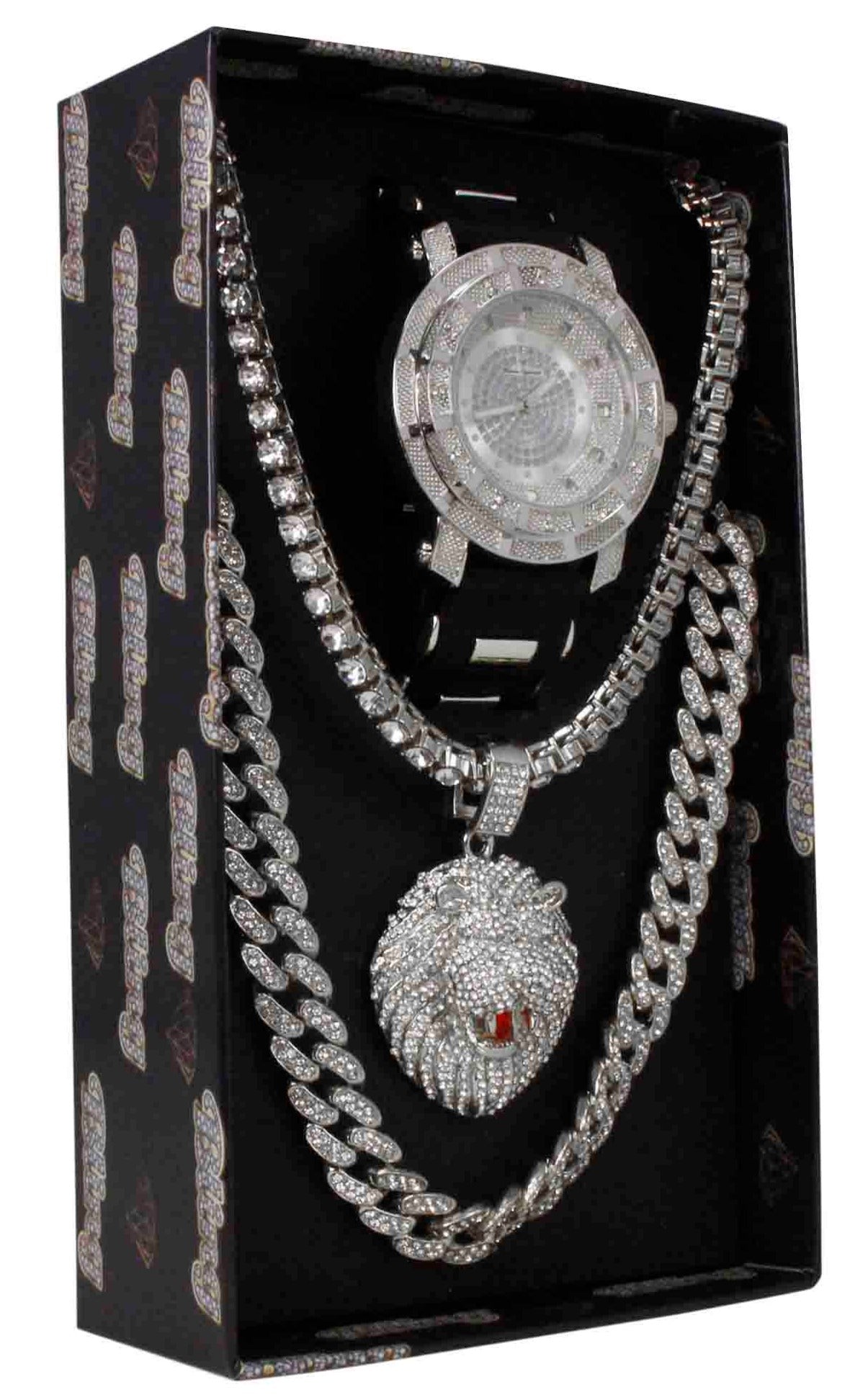 GJM393 Iced Out Watch, Pendant and 2 Necklace Set