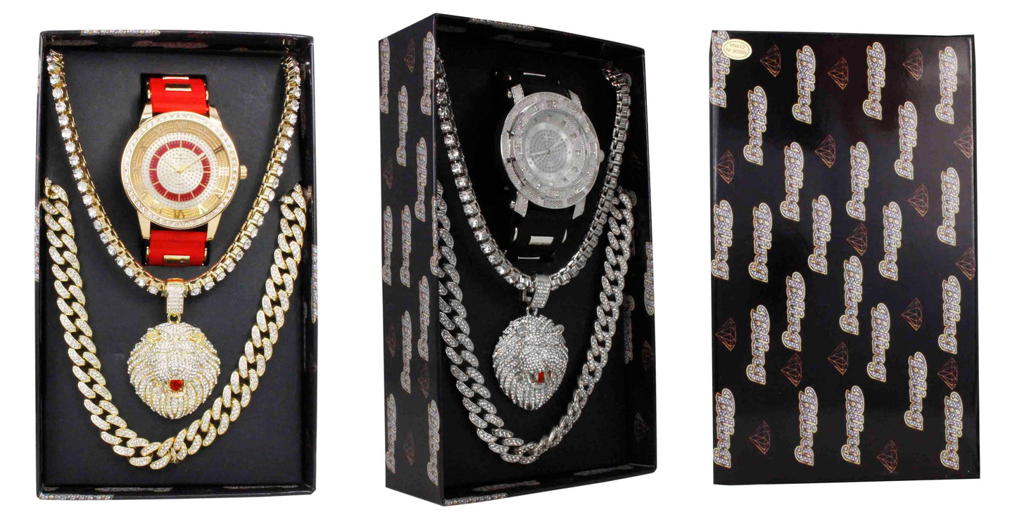 GJM393 Iced Out Watch, Pendant and 2 Necklace Set