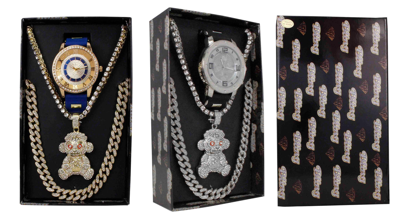 GJM394 Iced Out Watch, Pendant and 2 Necklace Set