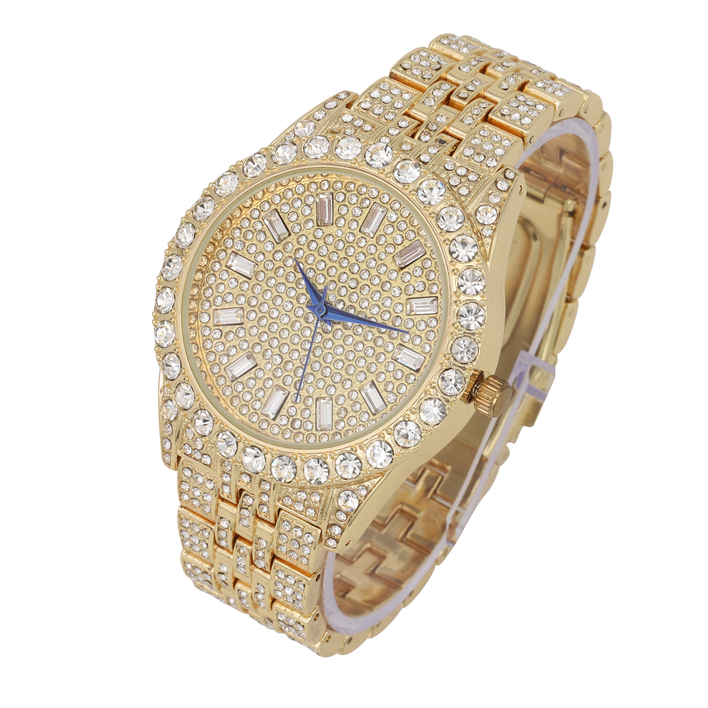 Mens Hip Hop Metal Timepiece - Big Rhinestones on Trim and Elegant Baguette Time Indicators on Dial - Master Bling Designer Look - ST10226 BGS Single (Gold Gold)