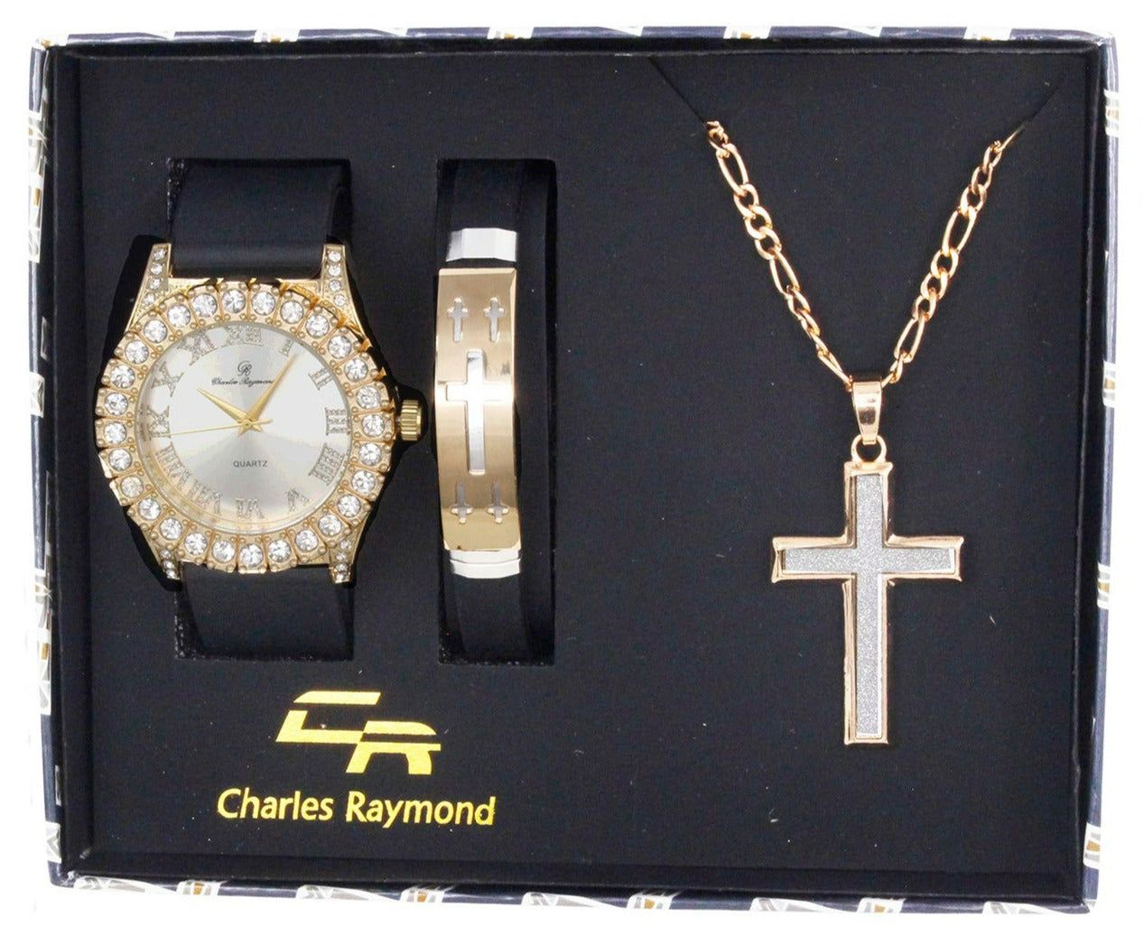 ST10475 Iced Out Watch, Cross Bracelet and Cross Necklace