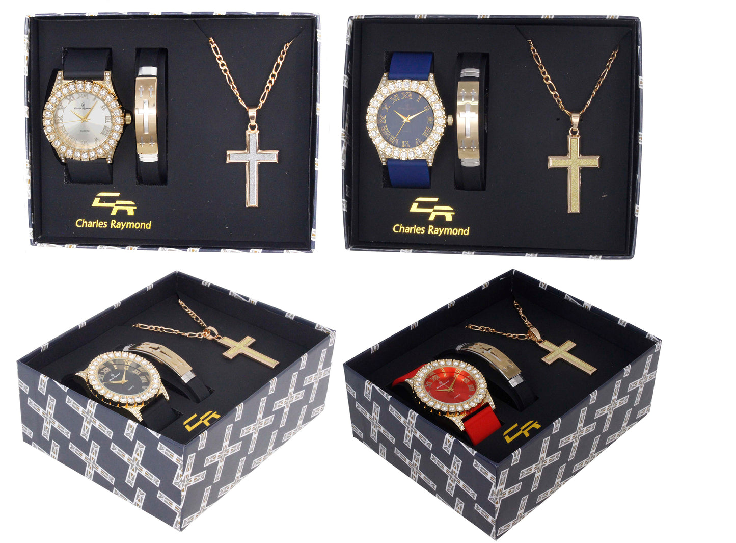 ST10475 Iced Out Watch, Cross Bracelet and Cross Necklace