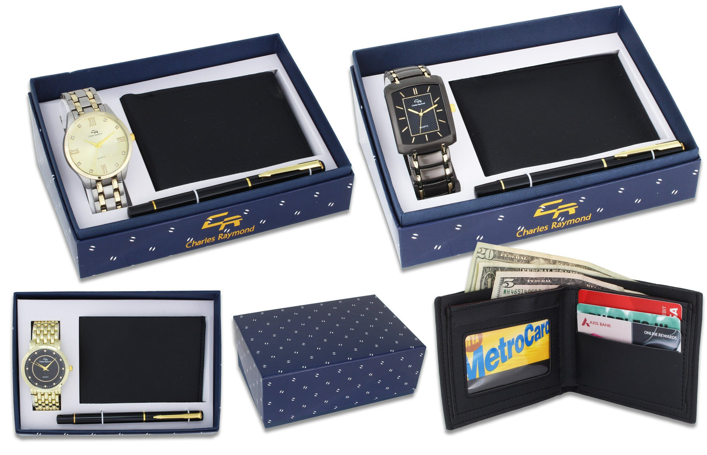 V0079 Classic TT Silver Gold Watch, Black Wallet and Black Pen set