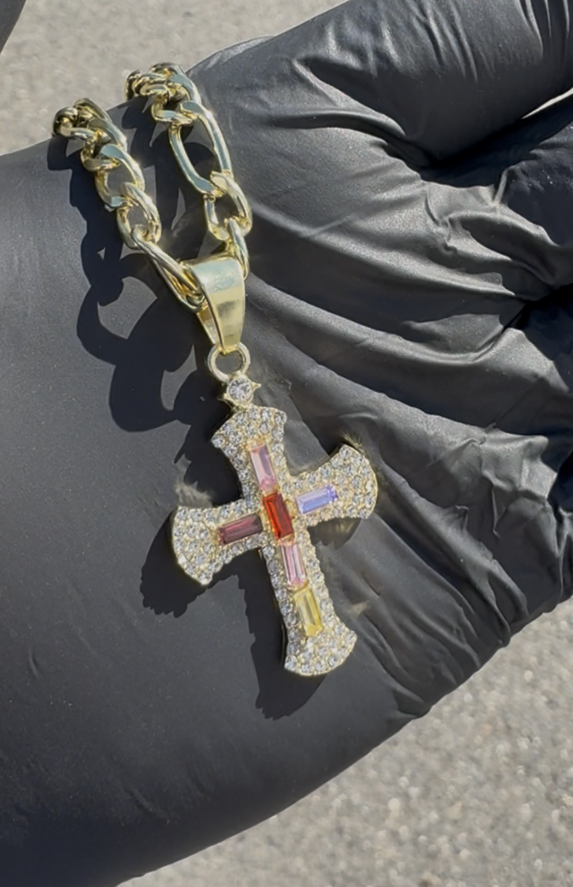 Gold-Plated Rainbow Baguette Cross Pendant Necklace