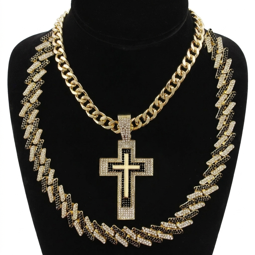 Z Two Tone Chain with Thick Cuban Chain and Ice Cross Pendant