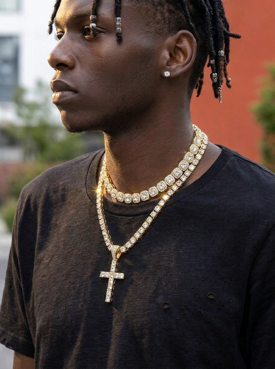 Thick Baguette Stone Chain with Tennis Chain and Cross Pendant