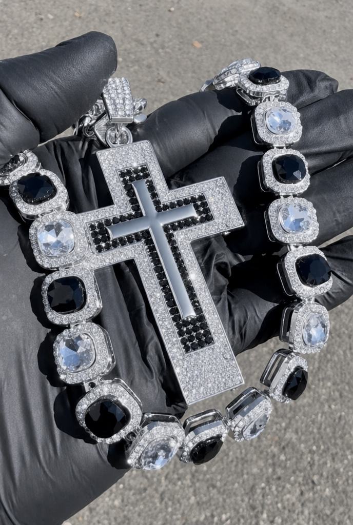 Cuban Two Tone Chain with Thick Cuban Chain and Ice Cross Pendant