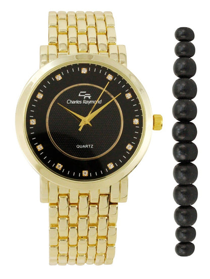 2314 Classic Metal Band Watch with Beaded Bracelet