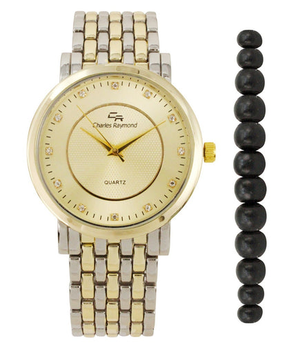 2314 Classic Metal Band Watch with Beaded Bracelet