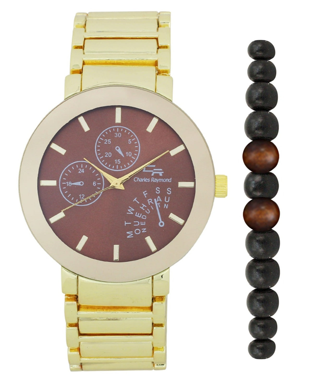 2389G Classic Metal Band Watch with Beaded Bracelet