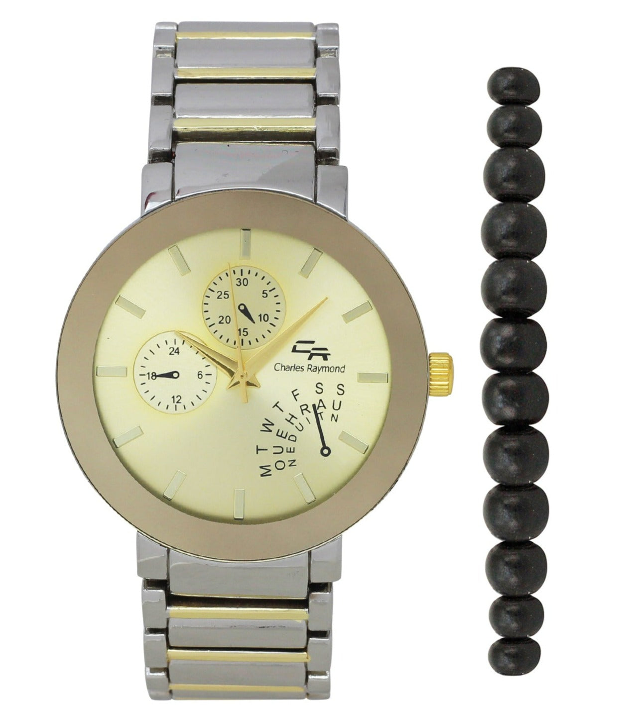 2389G Classic Metal Band Watch with Beaded Bracelet