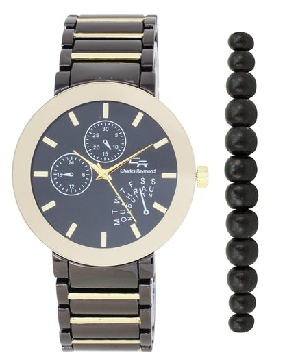 2389G Classic Metal Band Watch with Beaded Bracelet