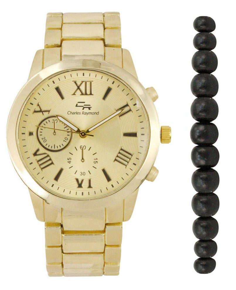 2483G Classic Metal Band Watch with Beaded Bracelet