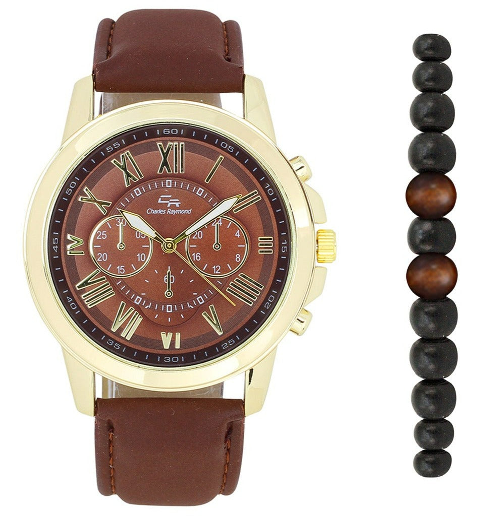 2496G Classic Leather Band Watch with Beaded Bracelets