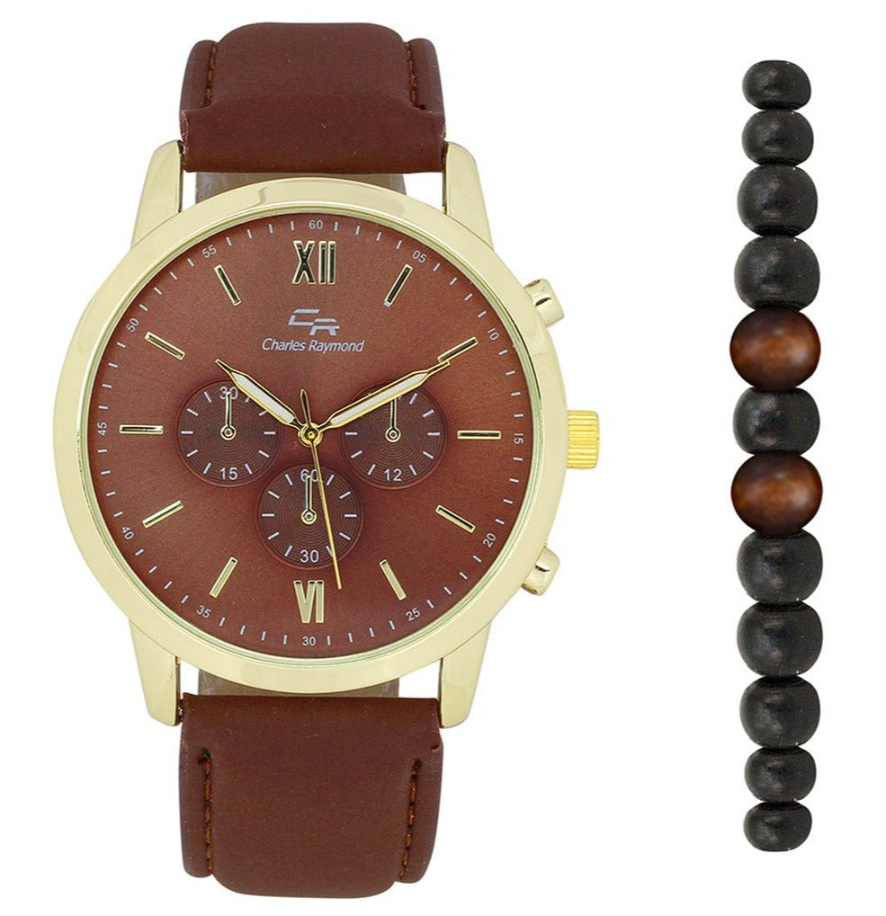 2497G Classic Leather Band Watch with Beaded Bracelet