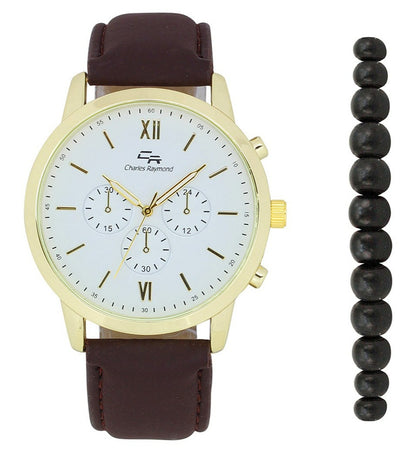 2497G Classic Leather Band Watch with Beaded Bracelet