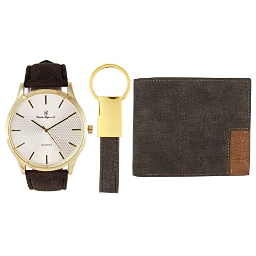 Classic Black Gold Watch, Brown Wallet & Brown Keychain Set