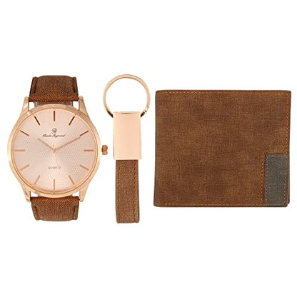 Classic Brown Rose Gold Watch Watch, Brown Wallet & Brown Keychain Set