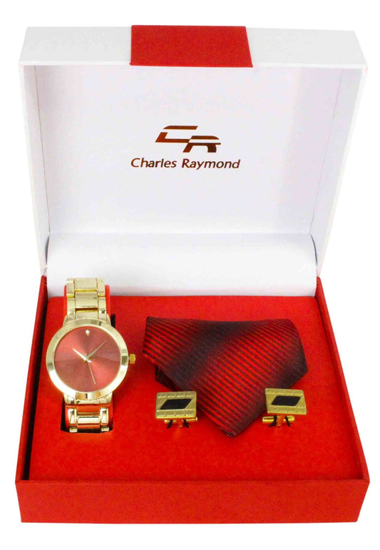 4904 Metal band and Tie with Cufflinks Sets(Gold Red - Red)