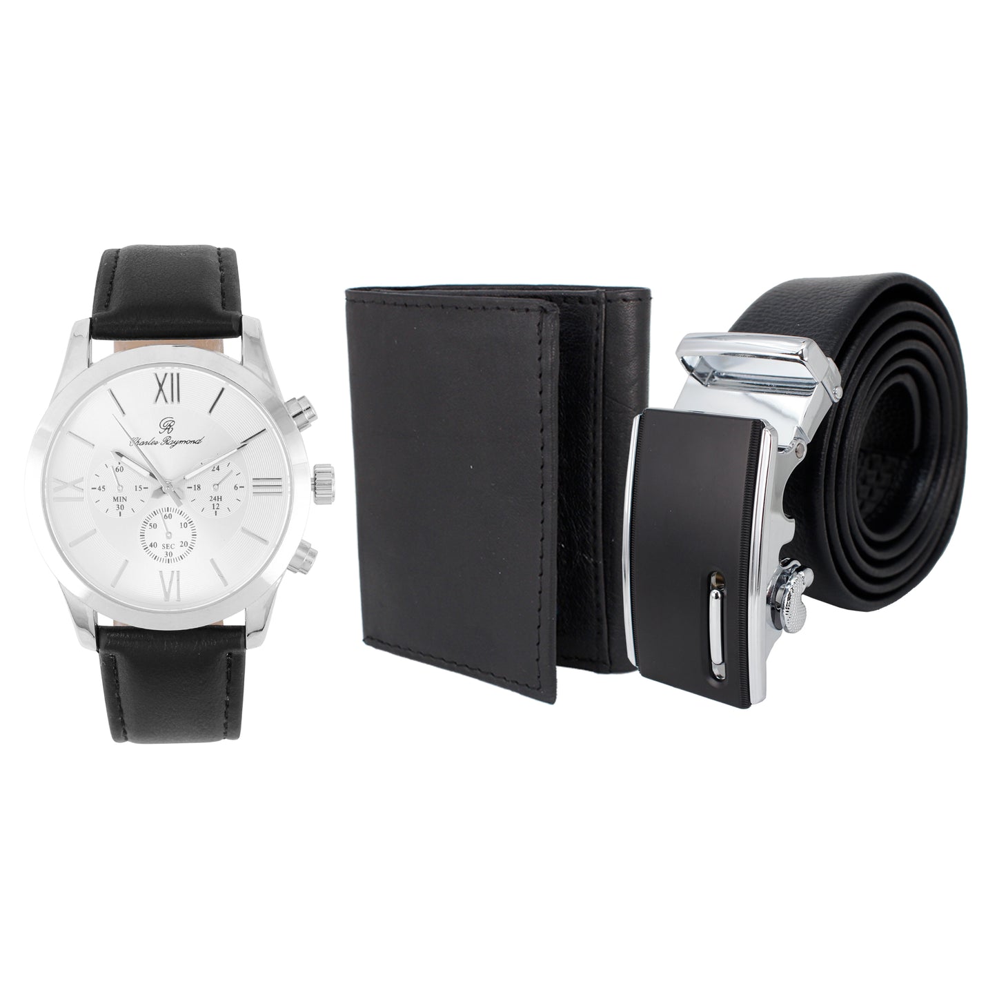 Classic Watch, Wallet and Belt Set(Silver Black)