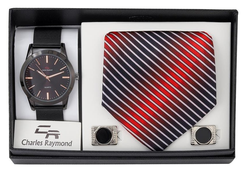 6314 Mesh Watch, Tie and Cufflinks(Black - Red Black)