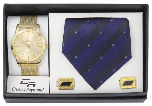 6314 Mesh Watch, Tie and Cufflinks(Gold - Blue)