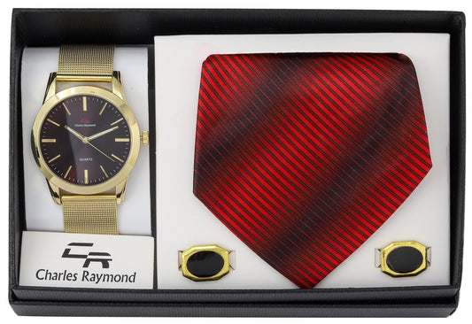 6314 Mesh Watch, Tie and Cufflinks(Gold Red)