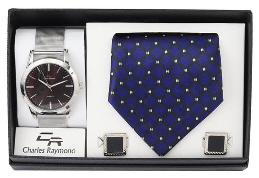 6314 Mesh Watch, Tie and Cufflinks(Silver Black - Blue)