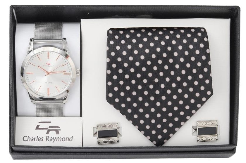 6314 Mesh Watch, Tie and Cufflinks(Silver - Black)