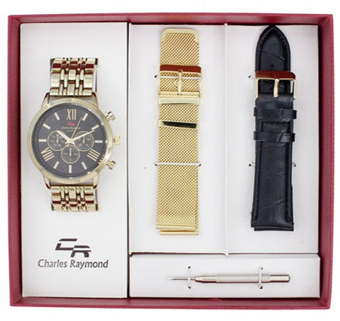 6315 Classic Watch and 2 Changeable(Mesh/Leather) Bands Set(Gold/Black)