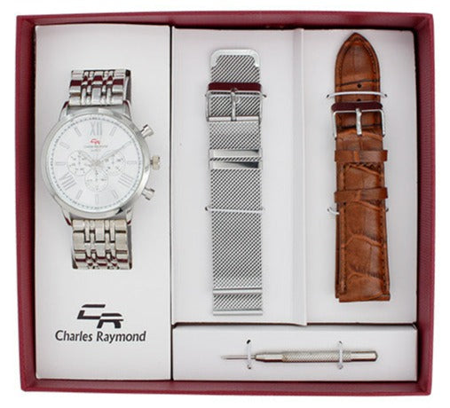 6315 Classic Watch and 2 Changeable(Mesh/Leather) Bands Set(Silver/White)
