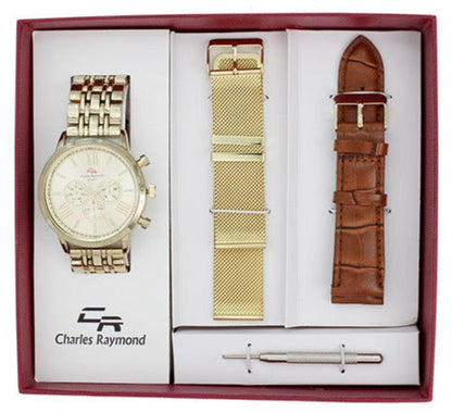 6315 Classic Watch and 2 Changeable(Mesh/Leather) Bands Set(Gold/Brown)