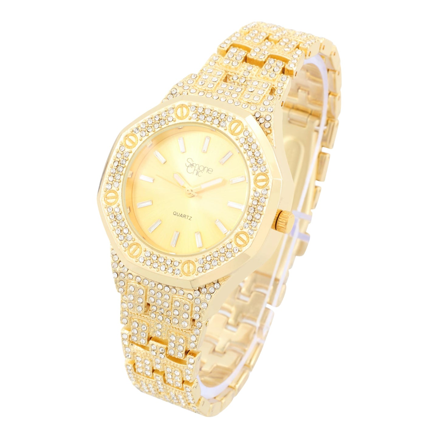ST10528 Single Men's Iced Out Hip Hop Watch with Sunray Dial & Rhinestone Bezel Adjustable Links Japan Movement
