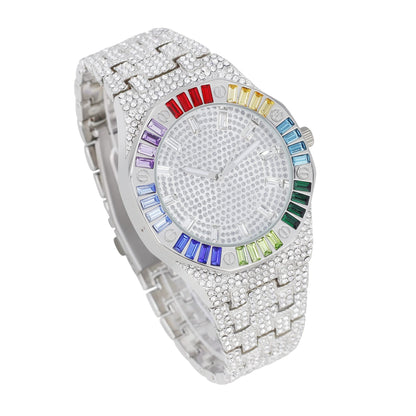 ST10528 Single Men's Iced Out Hip Hop Watch with Sunray Dial & Rhinestone Bezel Adjustable Links Japan Movement