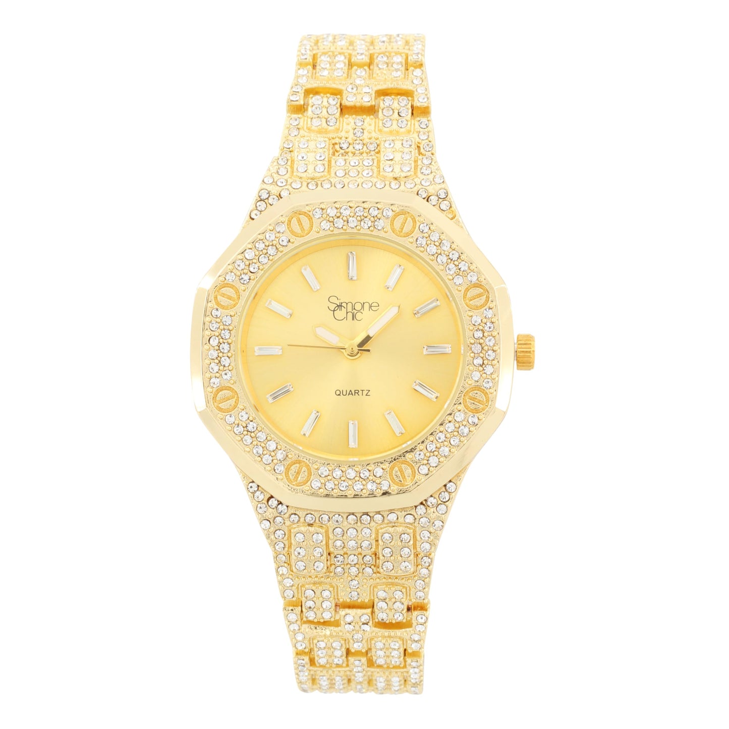 ST10528 Single Men's Iced Out Hip Hop Watch with Sunray Dial & Rhinestone Bezel Adjustable Links Japan Movement