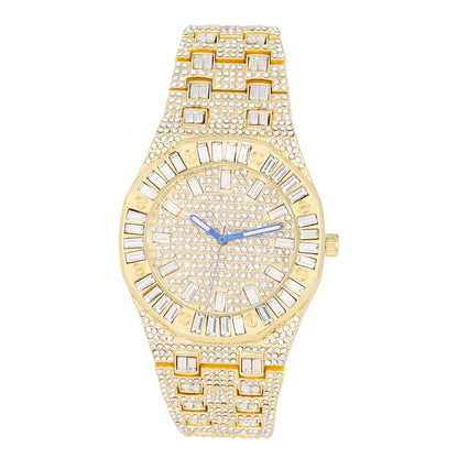 ST10528 Single Men's Iced Out Hip Hop Watch with Sunray Dial & Rhinestone Bezel Adjustable Links Japan Movement