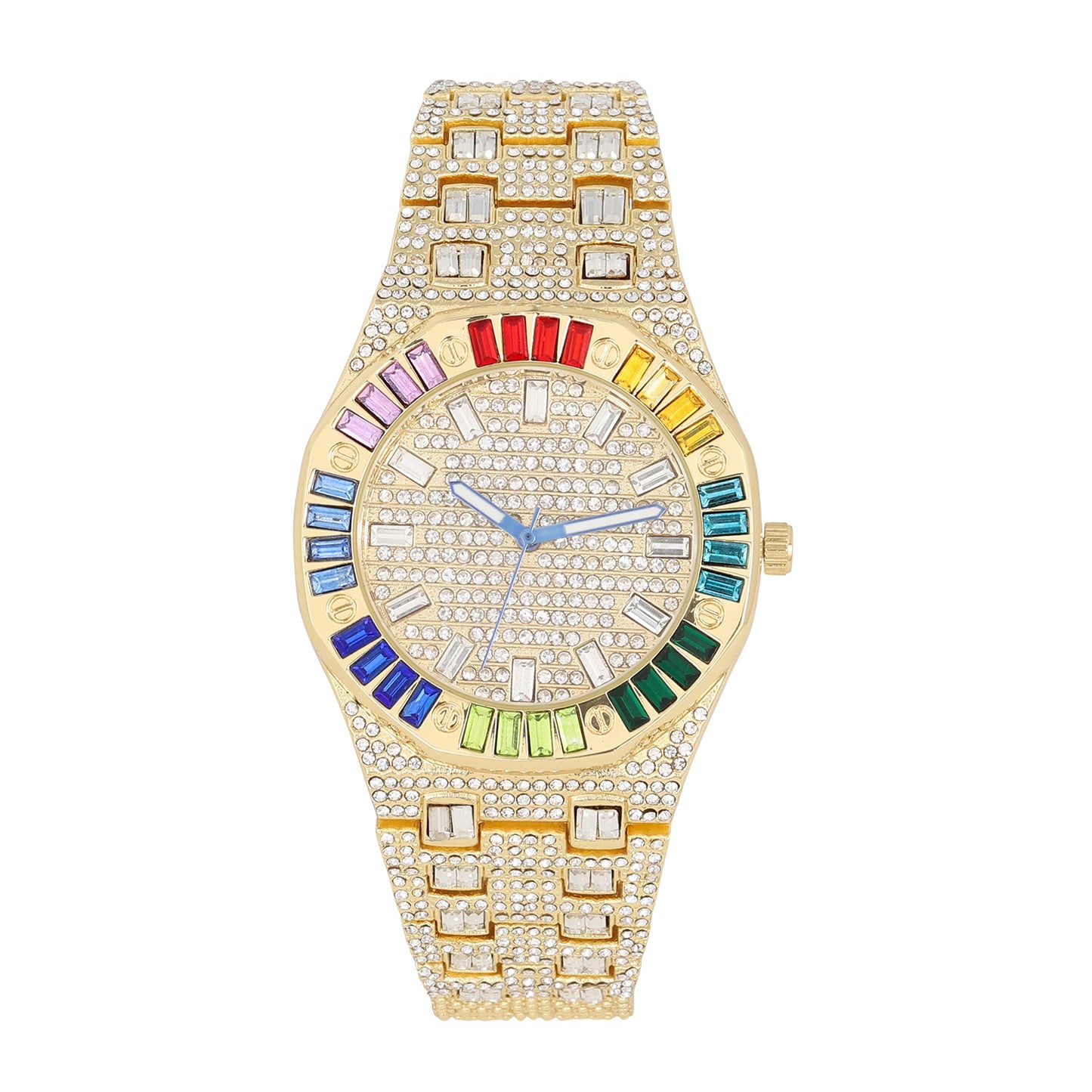 ST10528 Single Men's Iced Out Hip Hop Watch with Sunray Dial & Rhinestone Bezel Adjustable Links Japan Movement