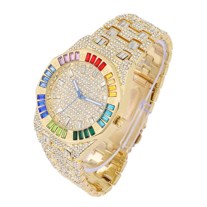 ST10528 Single Men's Iced Out Hip Hop Watch with Sunray Dial & Rhinestone Bezel Adjustable Links Japan Movement