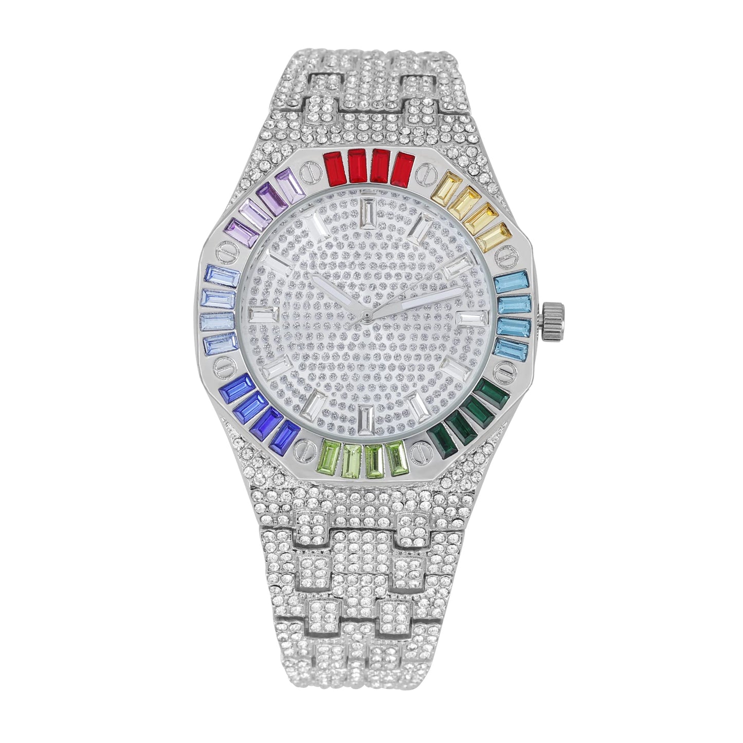 ST10528 Single Men's Iced Out Hip Hop Watch with Sunray Dial & Rhinestone Bezel Adjustable Links Japan Movement