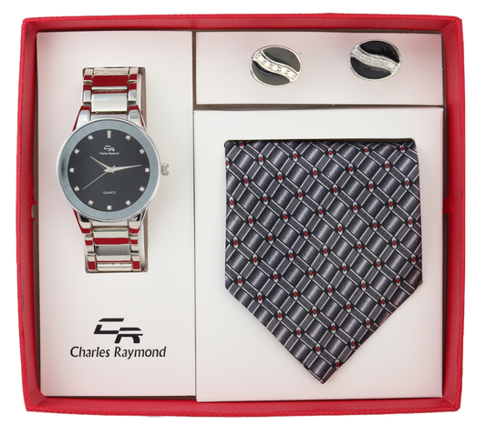 9356 Metal Band Watch, Tie and Cufflinks(Silver Black)
