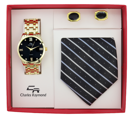 9356 Metal Band Watch, Tie and Cufflinks(Gold Black)