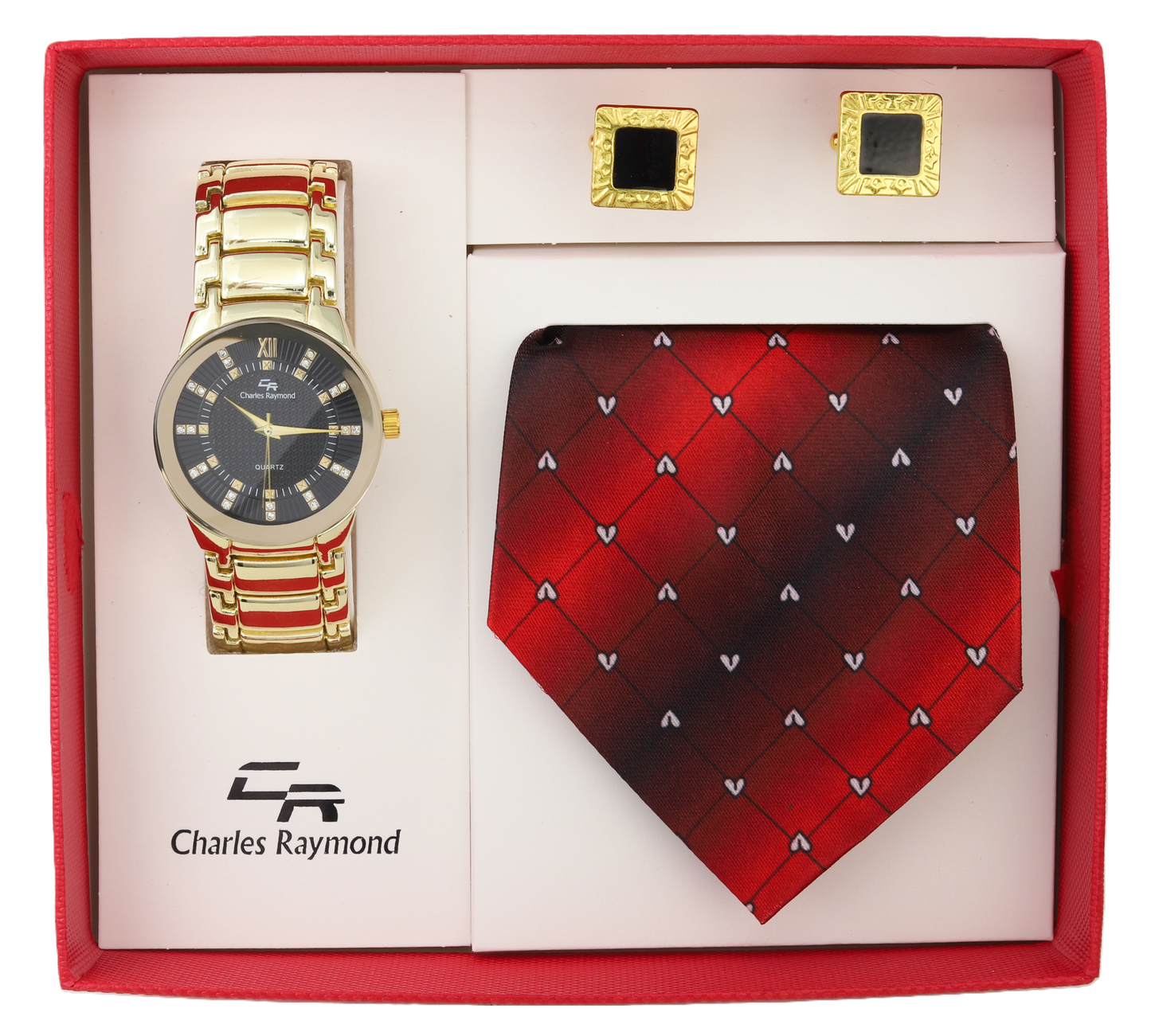 9356 Metal Band Watch, Tie and Cufflinks(Gold Black - Red)