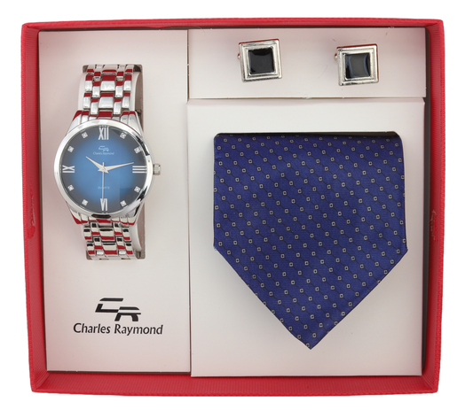 9356 Metal Band Watch, Tie and Cufflinks(Silver Blue - Blue)