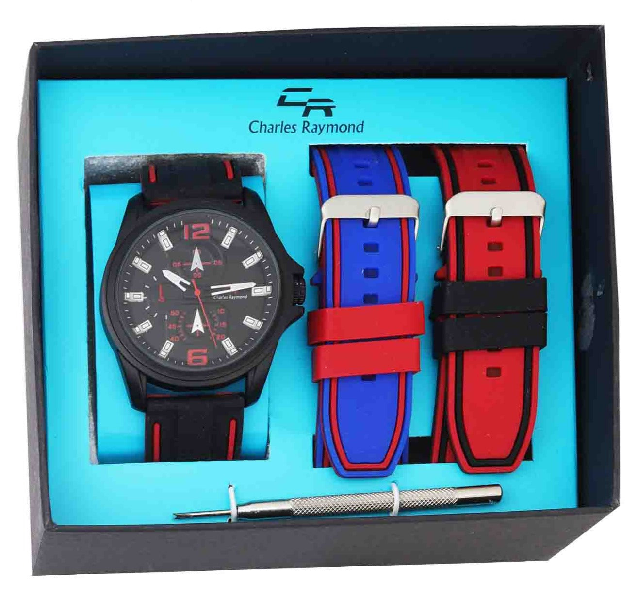 9711 Sports Watch and 2 Changeable Bands(Black-Blue/Red)