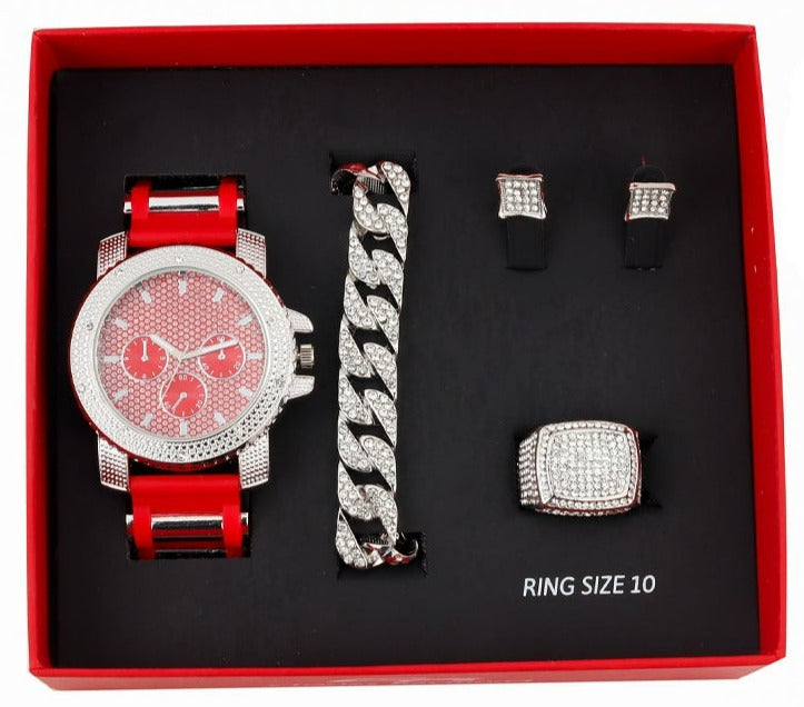 GJM-13 Iced Out Watch, Cuban Bracelet, Iced Out Ring and Earrings Set