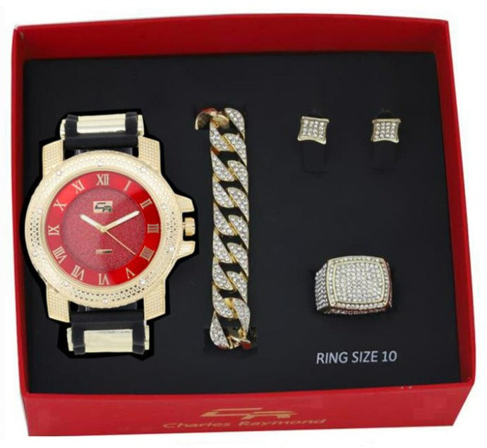 Charles Raymond GJM 13 Iced Out Watch Cuban Bracelet Iced Out Ring and Earrings Set Black Gold Red