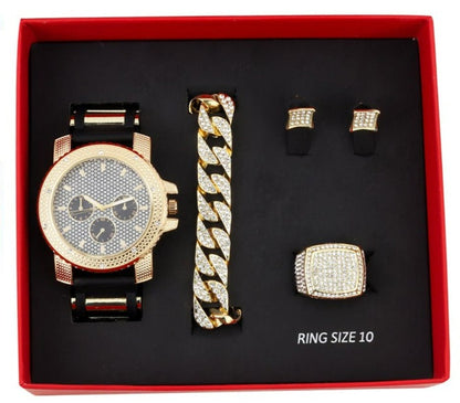 GJM-13 Iced Out Watch, Cuban Bracelet, Iced Out Ring and Earrings Set